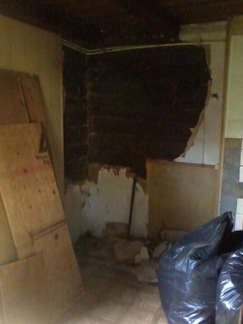 The cupboard removed, exposing the log wall